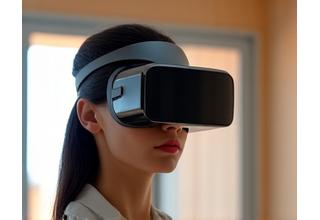 VR 헤드셋을 착용한 사람과 가상 부동산 풍경