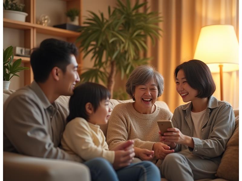 한국인 가족이 스마트홈 기기를 한국어로 음성 제어하는 행복한 모습